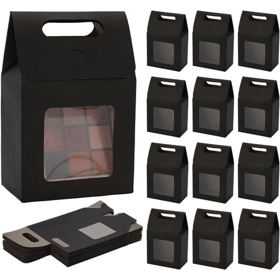 24pcs Black Gift Box with Handle Small Goodies Boxes Gable Paper Party Favor Boxes Candy Container with Window for Gift Packaging 3.8x2.3x5.9 Inch