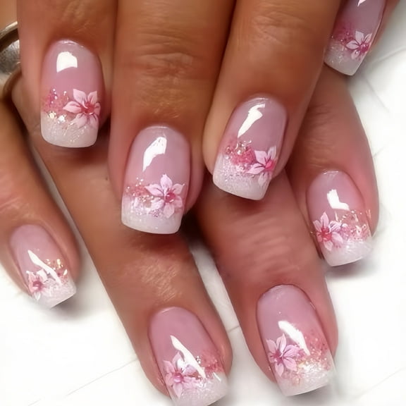 24pcs Bling - Bling Rose - Pink Petal Nail Art - Sweet Ins Style Wearable False Nails