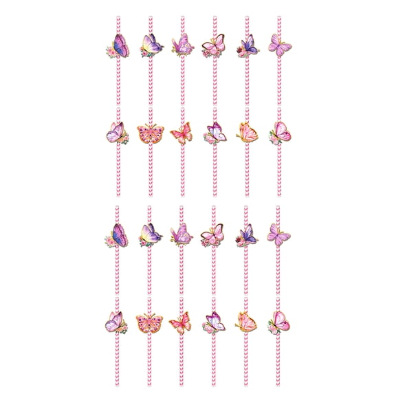 24pcs Butterfly Themed Drinking Straws Decorative Beverage Stripe Paper Straws for Gatherings Parties Supplies