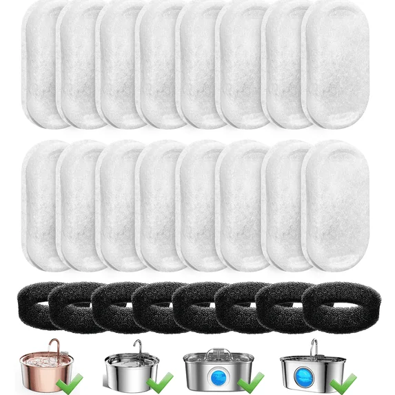 FWMB 24-Pack Cat Water Fountain Replacement Filters - Compatible with 74oz/2.2L Automatic Stainless Steel Pet Fountain, Premium Coconut Shell Activated Carbon 3-Layer Rapid Filtration