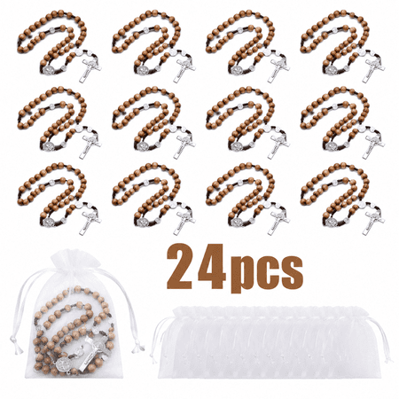 24pcs Christian Cross Jesus Pendant Rosary Necklace-12Rosary Necklaces with 12Gauze Bags, Vintage Cross Jesus Pendant with Religious Blessing for Daily Wearing Baptisms Church, for Family and Friends