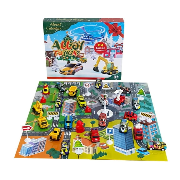 24pcs Christmas Advent Calendar Toy Car and Playset with 24 Cars Accessories, Alloy Toy Car 3D Countdown Calendar with Blue Color, Christmas Gift for Kids and Boys