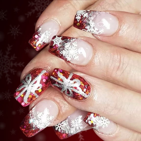 24pcs Christmas Green Glitters Fake Nails With French Design Instantly Application ABS Faux Nails For Parties Event