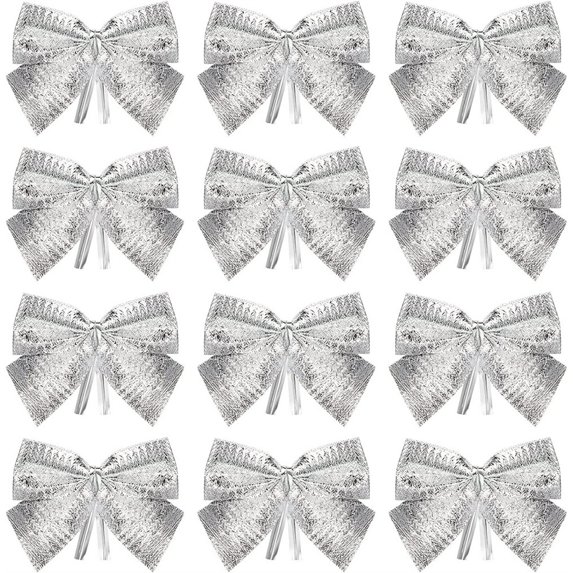24pcs Christmas Mini Bows, Christmas Tree Decrations Bowknot Wedding Party Home Decration Wreath Hanger Garlands Decor Bows, Silver Christmas Bows 2.75"
