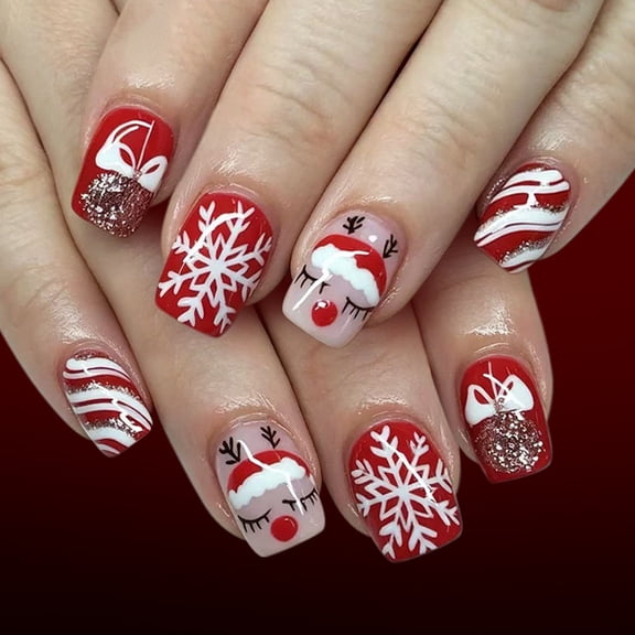 24pcs Christmas Press On Nails Short Square, Reusable Fake Nails with Tools Gifts for Women Girls