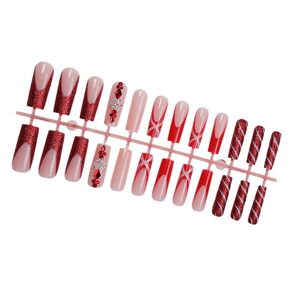24pcs Christmas Square False Nails Long Acrylic Nails French Tip Winter Artificial Nails for Hliday Party