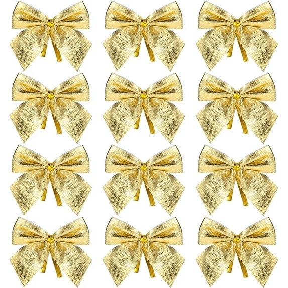 24pcs Christmas Tree Decor Bows Twist Tie Bows Ribbon Hair Bows Ornaments for Christmas Tree Hanging Decoration, Sewing, Wedding, Gift Decoration Gold 2.75"