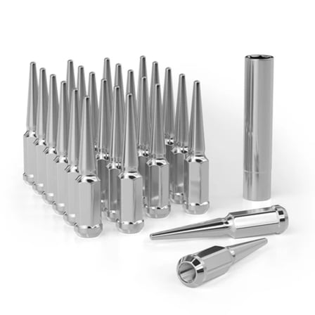 24pcs Chrome M14x1.5 Spike Wheel Lug Nuts, Closed End Spike Lug Nuts with 1 Socket Key, Conical Bulge Seat, Compatible with Silverado, Sierra, Ram