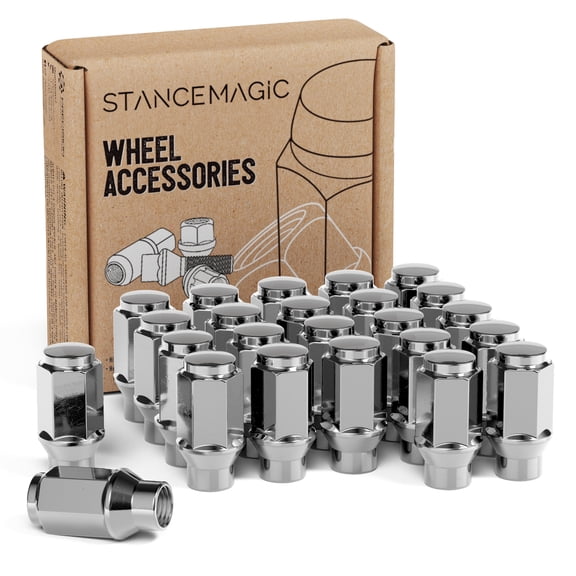 24pcs Chrome Silver Bulge Lug Nuts - Metric 12x1.5 Thread Size - 1.75 inch Length - ET Style - Cone Conical Taper Seat Shank - Closed End - Compatible with Select 6Lug Vehicles and Aftermarket Wheels