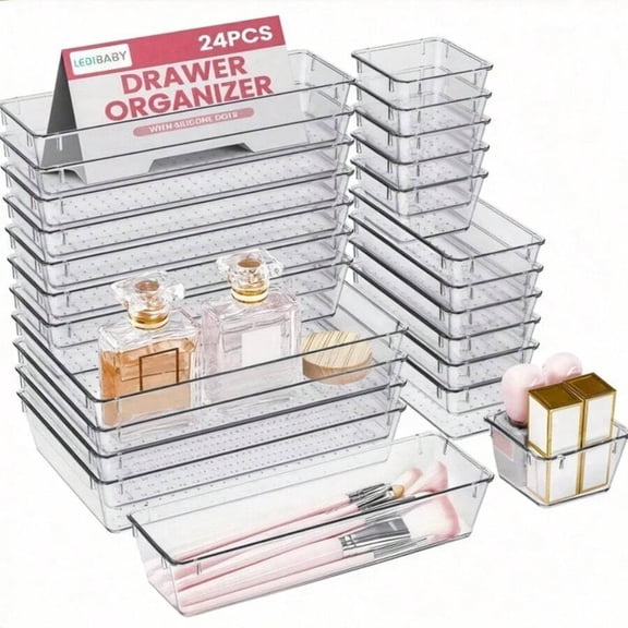 24pcs Clear Plastic Organizer, Acrylic Organizers For Desk, Kitchen Drawer Organizer And Cosmetics Containers, Make Up Organizers For Vanity, Junk Drawer, Vanity Organizer And Brush Holder