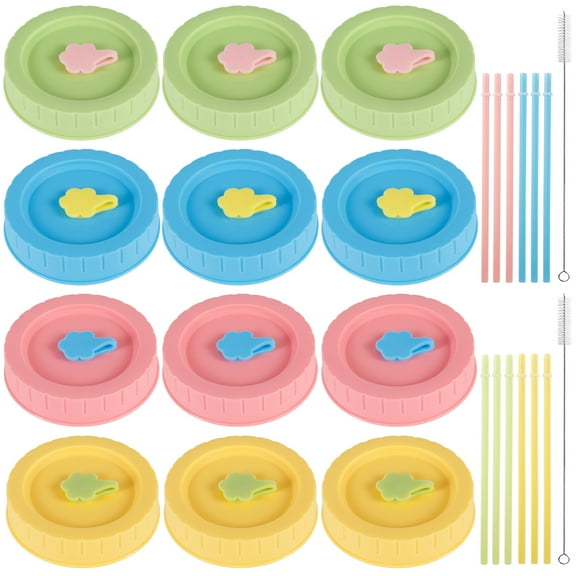 24pcs Colorful Plastic Jar Lids Set Fit for 70mm Wide Mouth Reusable Silicone Canning Jars Lids with Straw Hole Cleaning Brushes and Straws BPA Free for Food Storage