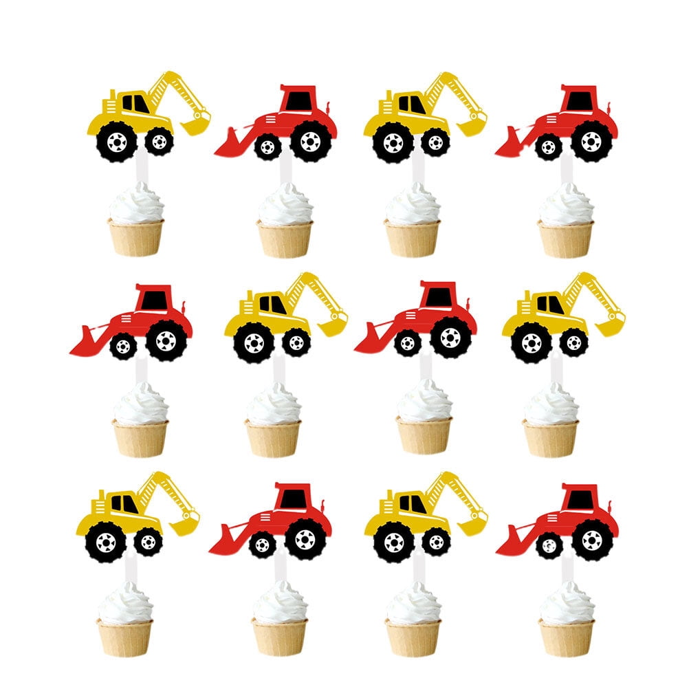 24 Pcs Construction Cupcake Toppers - Excavator, Dump Truck, Stop Sign Decorations For Kids Birthday, Baby Shower Party