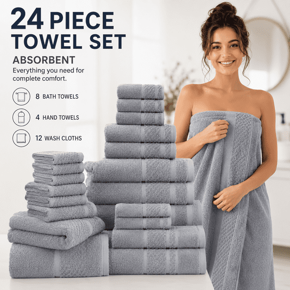 24pcs Cotton Bathroom Towels Set, Solid Color Cotton Blended Towel, 8 Bath Towels 4 Hand Towels 12 Washcloths, Multi-Color Optional, Soft And Comfortable, Absorbent, Family Set, Suitable for Travel
