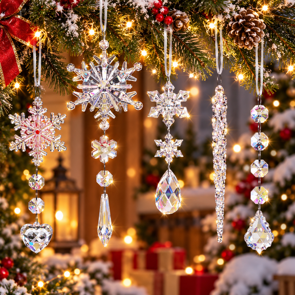 24pcs Crystal Christmas Ornaments for Christmas Tree Decorations, Hanging Crystals Acrylic Snowflake Icicle Ornaments Set w/Drop Pendants for Winter Wonderland, Holiday Home Decor Party Supplies