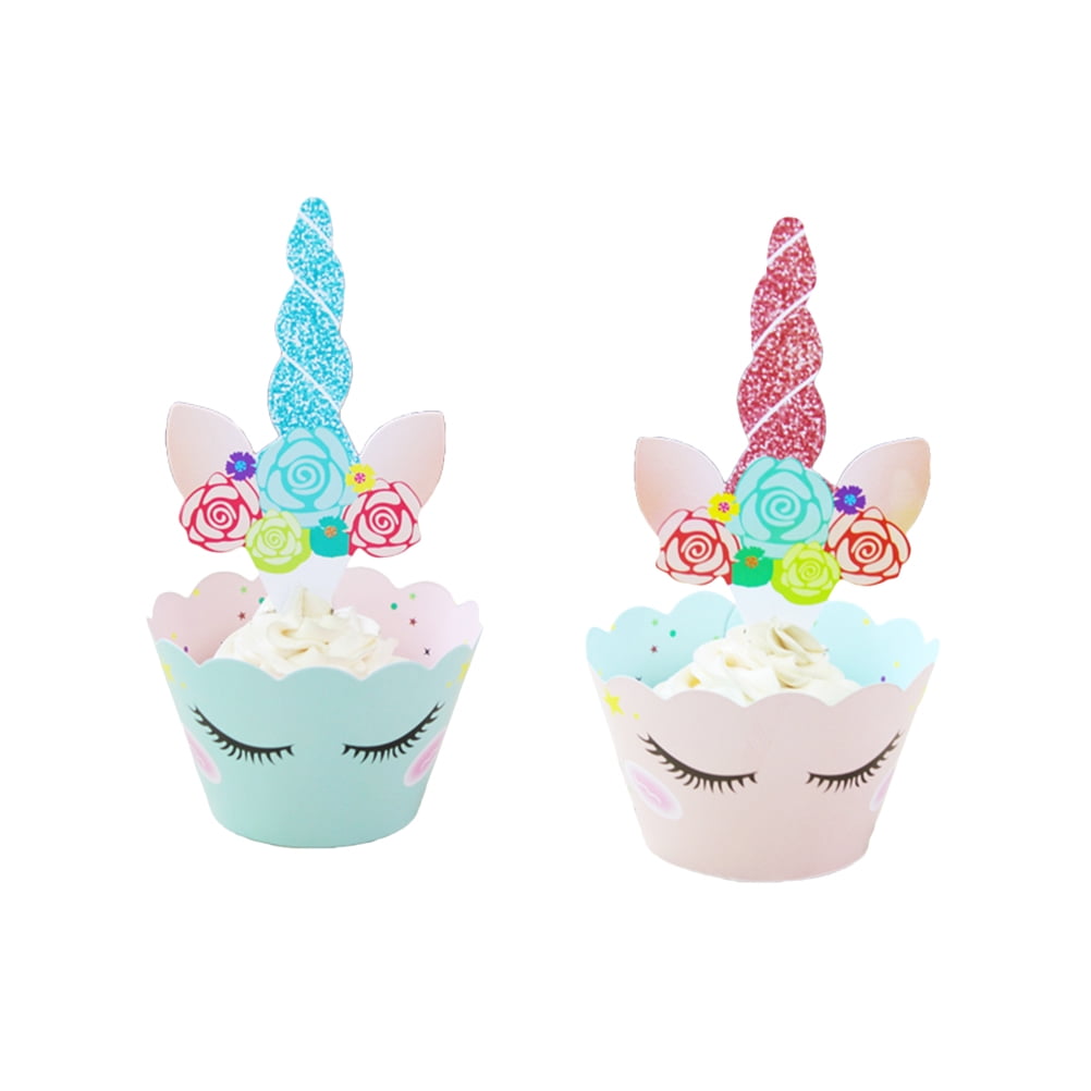 24pcs Cupcake Toppers and Wrappers Set Unicorn Themed Cupcake Toppers