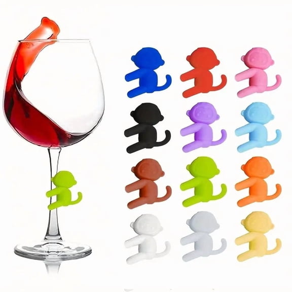 24pcs Cute Monkey Wine Glass Labels - Fun Silicone Drink Markers for Parties, Weddings, and Birthdays, Non-Slip Reusable Cup Identifiers for Stemware