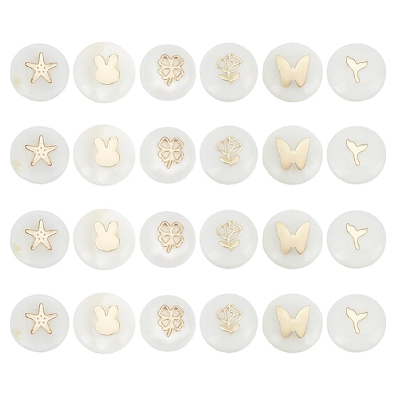 24pcs Cute Shell Beads 6 Style Lovely Rabbit Starfish Rose Beads 8x3.5mm Flat Round Natural Shell Spacer Bead with Gold Pattern for Boho DIY Bracelet Necklace Earring Jewelry Making DIY