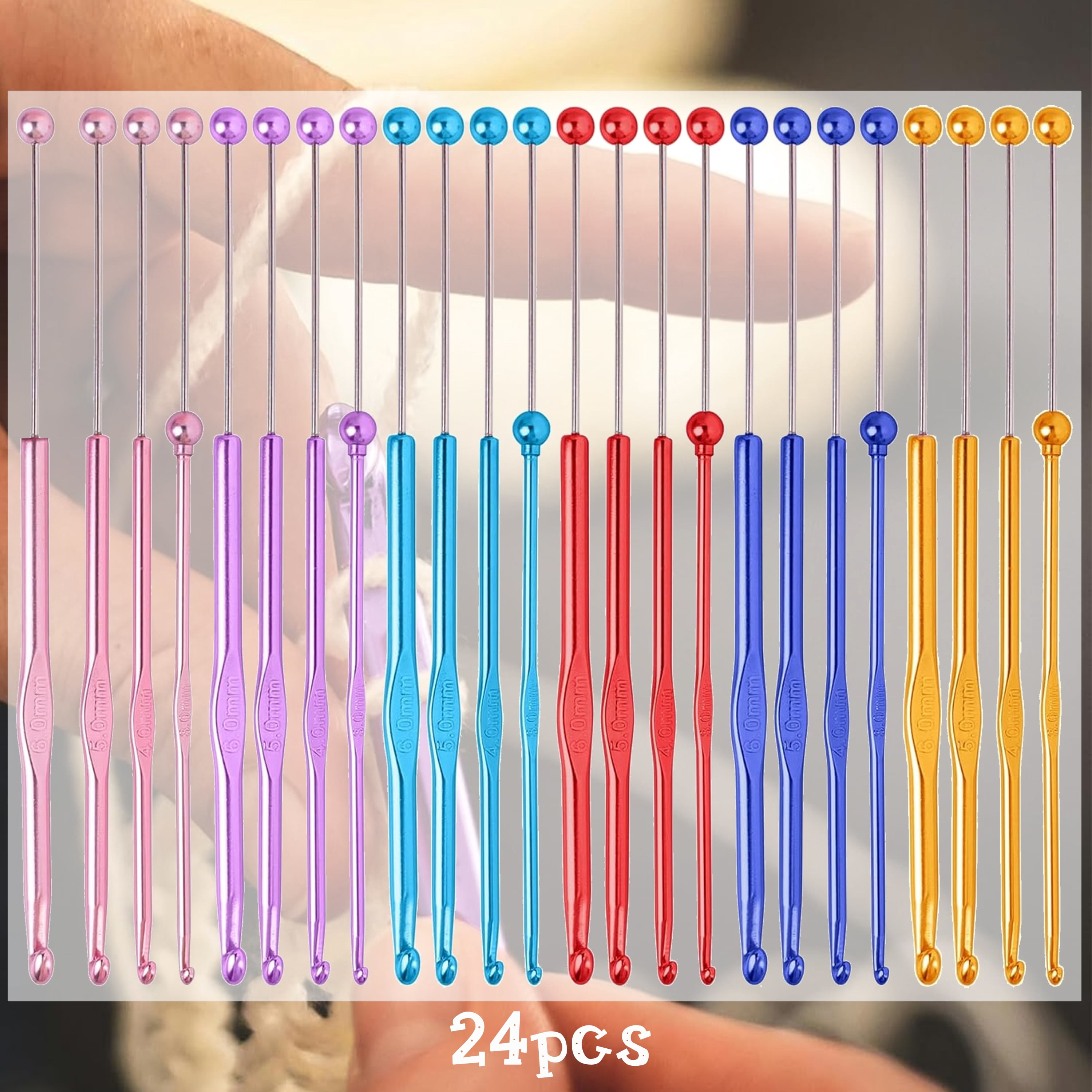 24pcs DIY Beaded Crochet Hook Set, Pink/ Purple/ Blue/ Red/ Yellow Stainless Steel Knitting Needles, Beaded Crochet Hooks, Handmade Beaded Gift Crochet Hooks in 6 Colors (3mm 4mm 5mm 6mm)