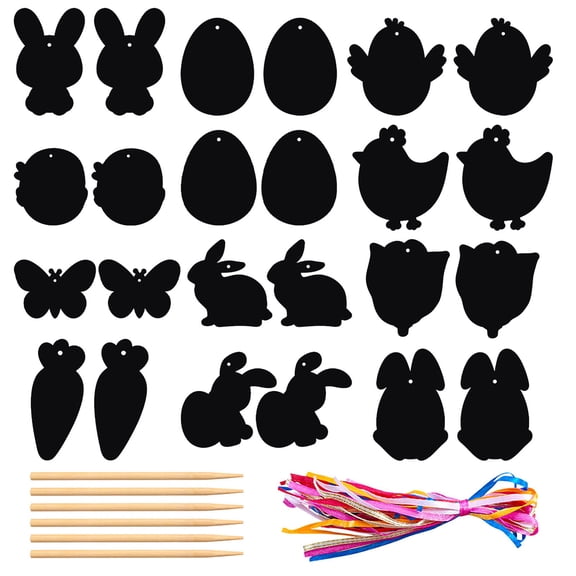 24pcs DIY Easter Craft Kits Color Scratch Art Easter Bunny Eggs Hanging for Party Spring Classroom Home Activity Art Project