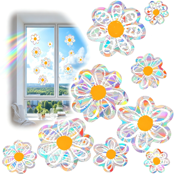 24pcs Daisy Window Stickers Double Sided Rainbow Prism Anti Collision Static Glass Decals for Sunroom Mirror Home Decor