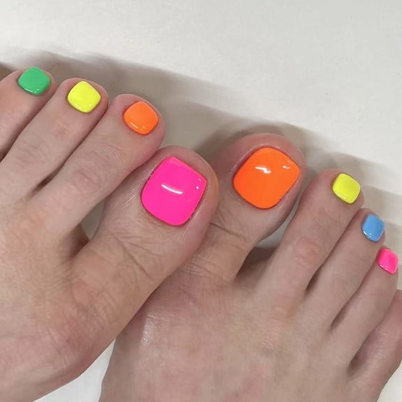 24pcs Designs False Toe Nails Glossy Short Square Fake Toenails Full Covers Glues On Fake Toe Nails Press On Toenails