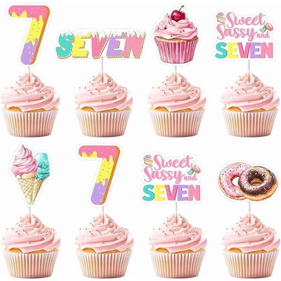 24pcs Donut 7th Birthday Party Decorations - Donut Theme Cupcake Toppers - Sweet Sassy and Seven Party Decorations - Pink, Yellow, Purple