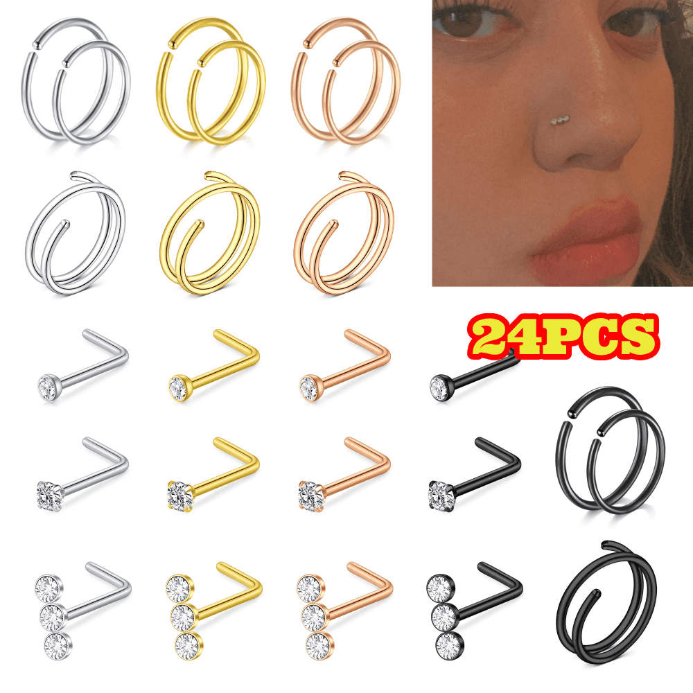 24pcs Double Nose Rings, 20G Stainless Steel Round and L Shaped Nostril ...