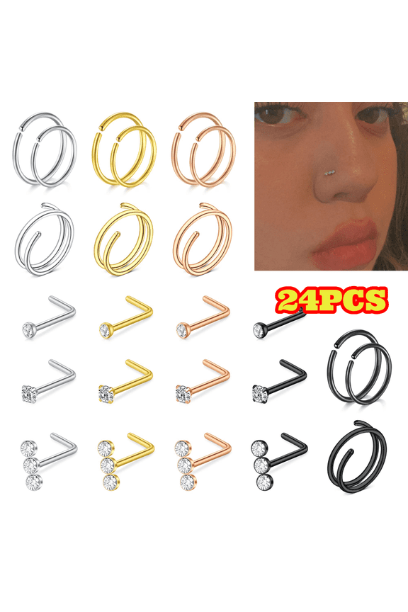 24pcs Double Nose Rings, 20G Stainless Steel Round and L Shaped Nostril Rings Hoops, Nose Piercing Jewelry for Women Men