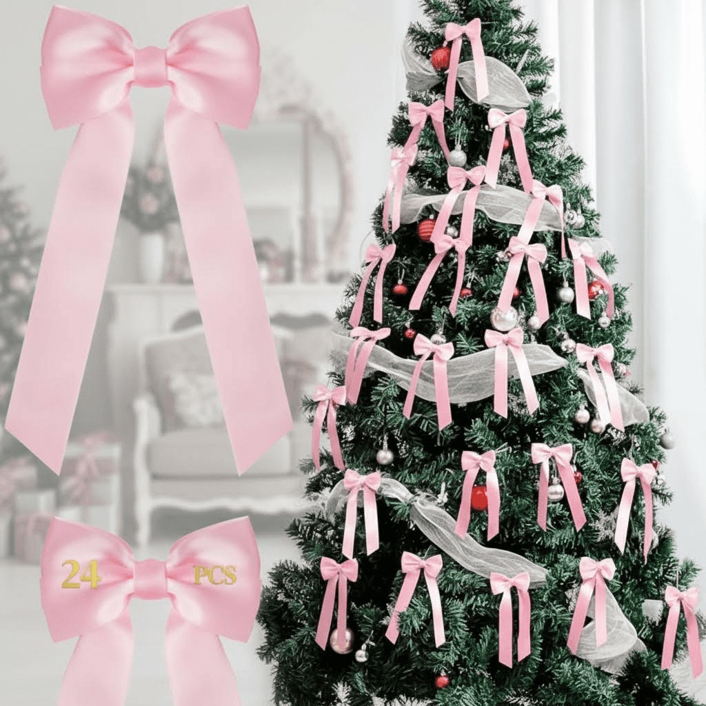 24pcs Double-Sided Twist Tie Bows for Christmas Tree Decorations, Pink Ribbon Bows for Holiday Party, Gift Bag Ties and Festive Decor