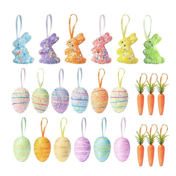 24pcs Easter Tree Hanging Ornament Decoration, Spring Party Hang Decor with Rope Colorful Foam Egg Carrot Bunny Pendant, Glitter Rabbit Craft for Home School Party Game Wall Decorative Supplies