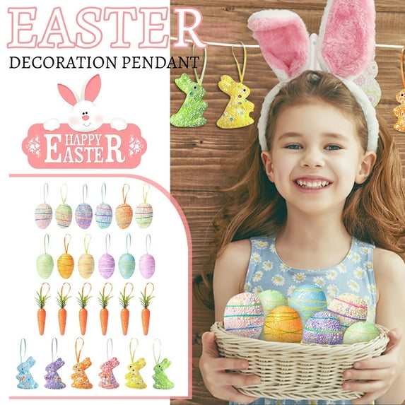 24pcs Easter Tree Hanging Ornament Decoration, Spring Party Hang Decor with Rope Colorful Foam Egg Carrot Bunny Pendant, for Home School Party Game Wall Decorative Supplies