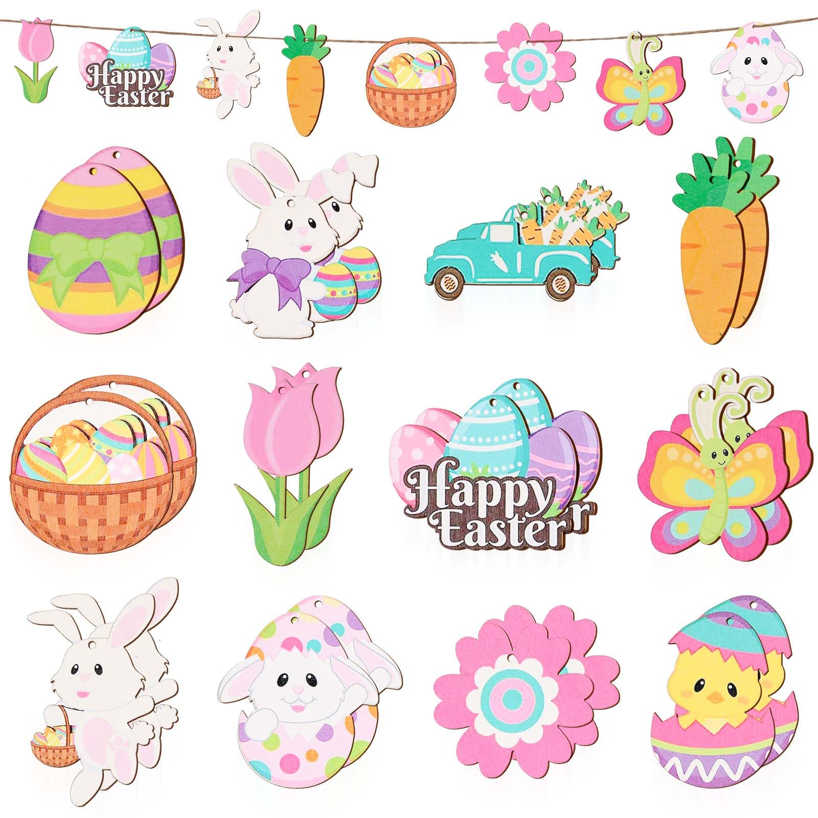 24pcs Easter Wooden Hanging AIF4 Ornaments with Hemp Ropes, Colorful ...