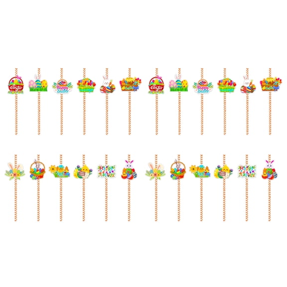 24pcs Easters Themed Stripe Paper Straw for Picnics Eggs Rabbits Beverage Drinking Straw Birthday Party Supplies