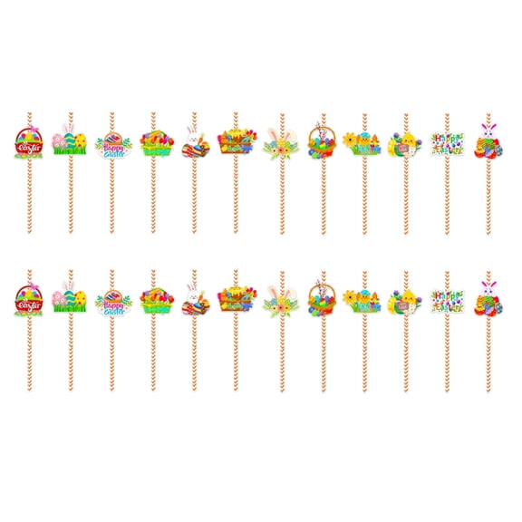 24pcs Easters Themed Stripe Paper Straw for Picnics Eggs Rabbits Beverage Drinking Straw Birthday Party Supplies