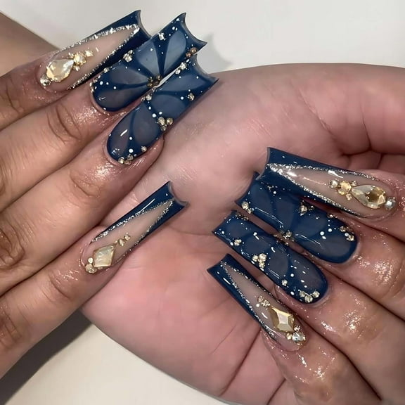 24pcs Elegant Long Square on Nails Glossy Rhinestones Designs Artificial Nails For Women And Girls