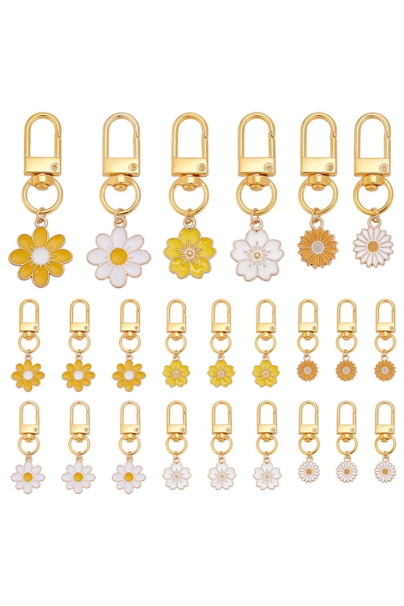 24pcs Enamel Flower Keychain 6 Styles Bulk Cute Daisy Key Chains Charms Gold Floral Key Ring Handbag Charms