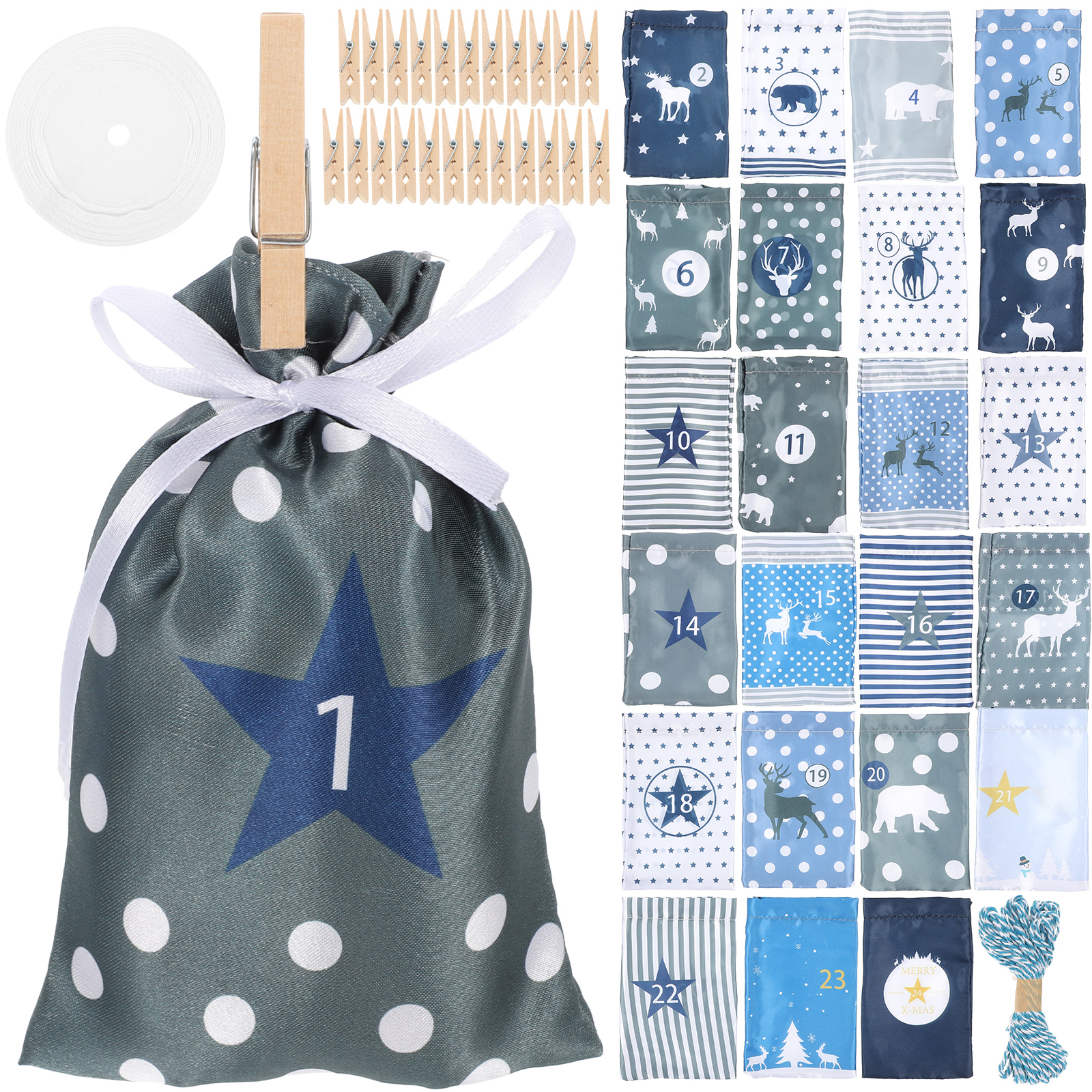 24pcs Fabric DIY Advent Calendar Gift Bags Christmas Calendar Bags