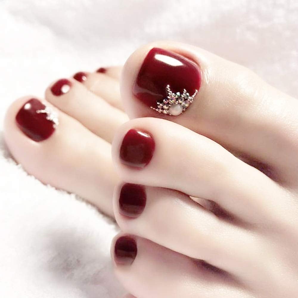 24pcs Fake Nails Foot Toes Wine Red Glossy with Stones Press on Nail False Tips Artificial Pedicure for Women and Girls 02710a1c 56e2 4aa8 b1be 171469dafd19.932f6e021799bce5fed4cbe40130febd