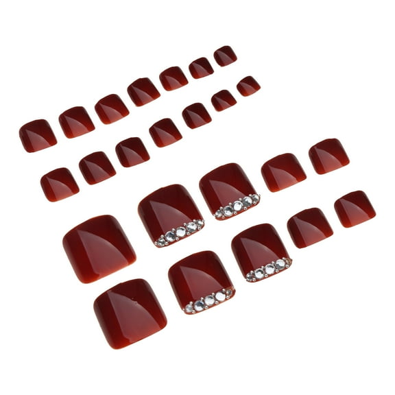 24pcs Fake Nails Foot Toes Wine Red Glossy with for Rhinestone Press on False Tips Artificial Nails for Women Girls
