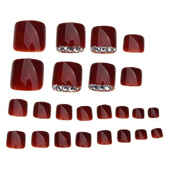 24pcs Fake Nails Foot Toes Wine Red Glossy with for Rhinestone Press on Nail False Tips Artificial Nails for Women Girls