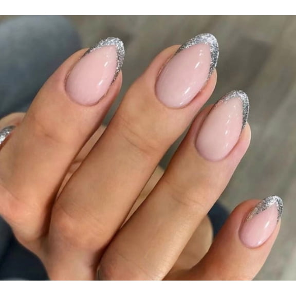 24pcs Fake Nails Pink White Glossy Medium Long Stiletto Almond Press on Nail False Tips Artificial Finger Manicure for Women (French)