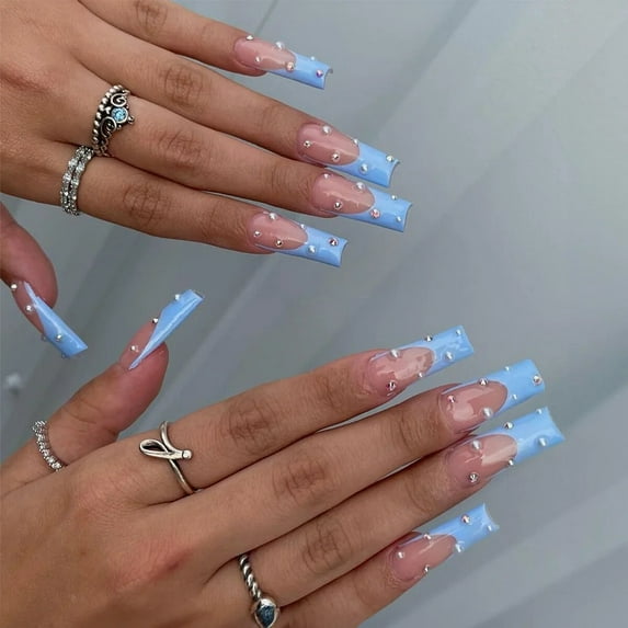 24pcs False Nails with glue butterfly design Long Coffin French Ballerina Fake Nails Full Cover acrylic Nail Tips Press On Nails