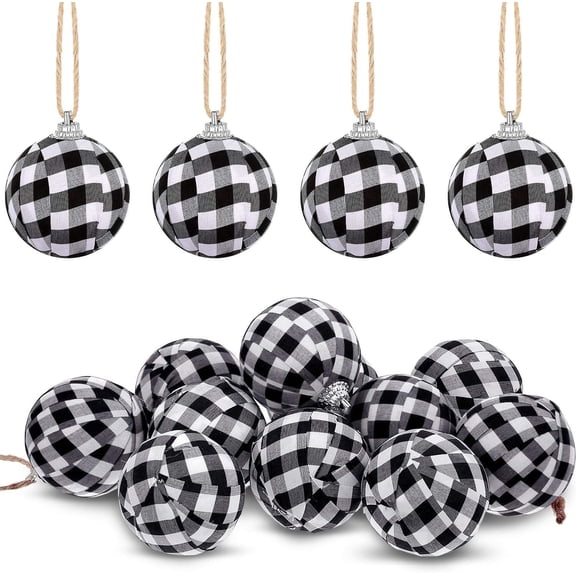 24pcs Farmhouse Buffalo Plaid Check Fabric Ball Hanging Ornament Set Decorative Ball for Christmas Tree Valentines Decor Party 2.75 Inch -blackandwhite-
