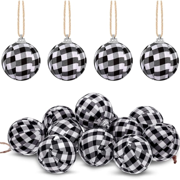 24pcs Farmhouse Buffalo Plaid Check Fabric Ball Hanging Ornament Set Decorative Ball for Christmas Tree Valentines Decor Party