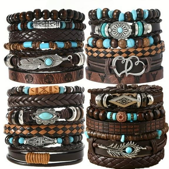24pcs Fashion Bohemian Vintage Beaded Bracelet Set, Multilayer Woven Faux Leather Bangle with Feather & Floral Charms