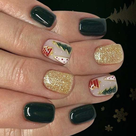 24pcs Festival Glitters Press On Nail Emerald Green Christmas Tree Design
