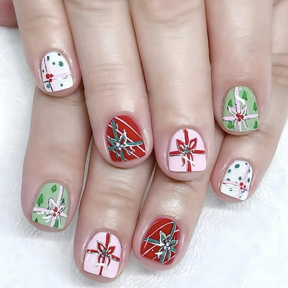 24pcs Festive Press on Nail Burgundys Florals Pattern Shinys ABS Plastic Tips