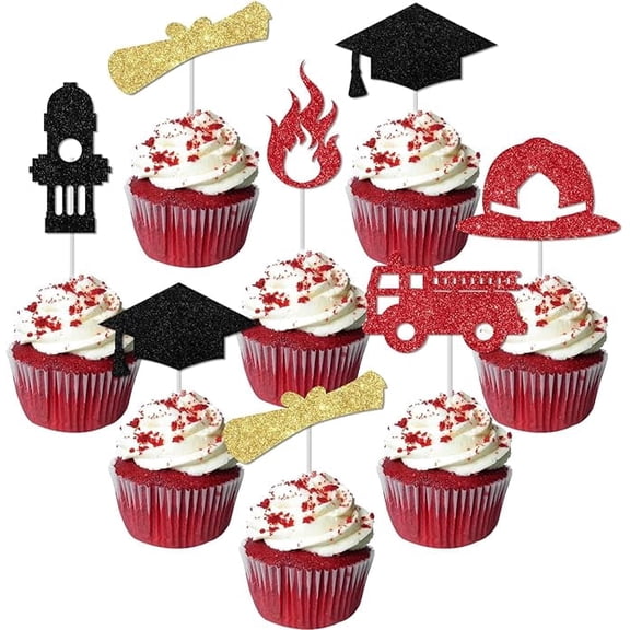 24pcs Firefighter Graduation Cupcake Toppers, Glittering Firefighter Congrats Grad Party Decorations Fire Truck Cupcake Toppers for Firefighter Retirement Party Decorations