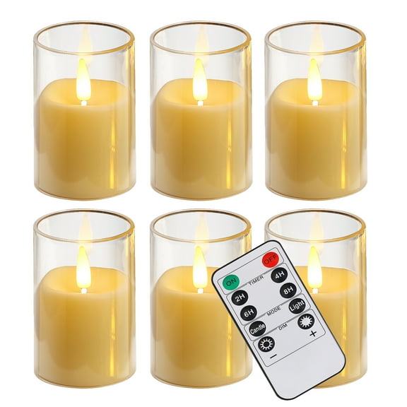 6Pack Glass Flickering Flameless Candles with Remote, 2"X3" Real Wax Votive Candles Battery Operated, Small Electric LED Candles for Wedding Home Decor, w/4 Timers+2 Lighting Modes [Clear]