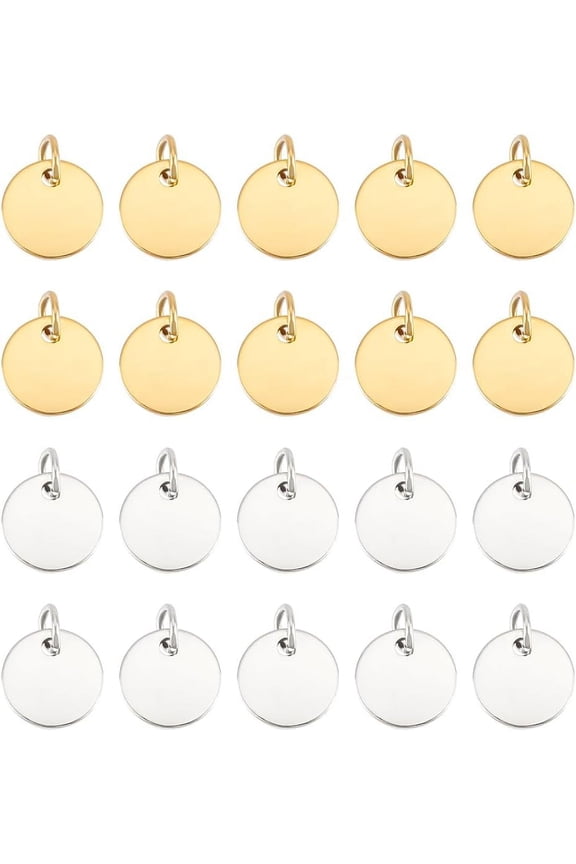 24pcs Flat Round Blank Tag Charms Stainless Steel Blank 2 Colors Metal Small Tags Stamping Dangle Charm for Earring Jewelry Making for DIY